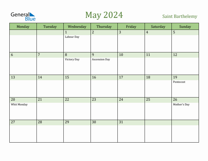 May 2024 Calendar with Saint Barthelemy Holidays