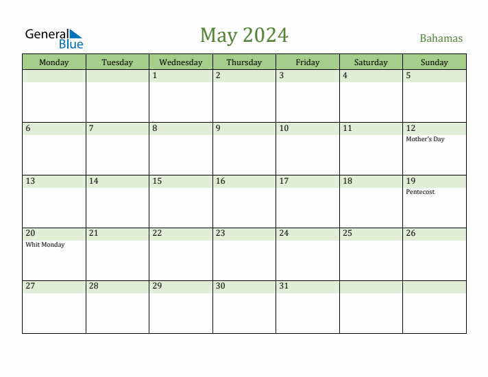 May 2024 Calendar with Bahamas Holidays