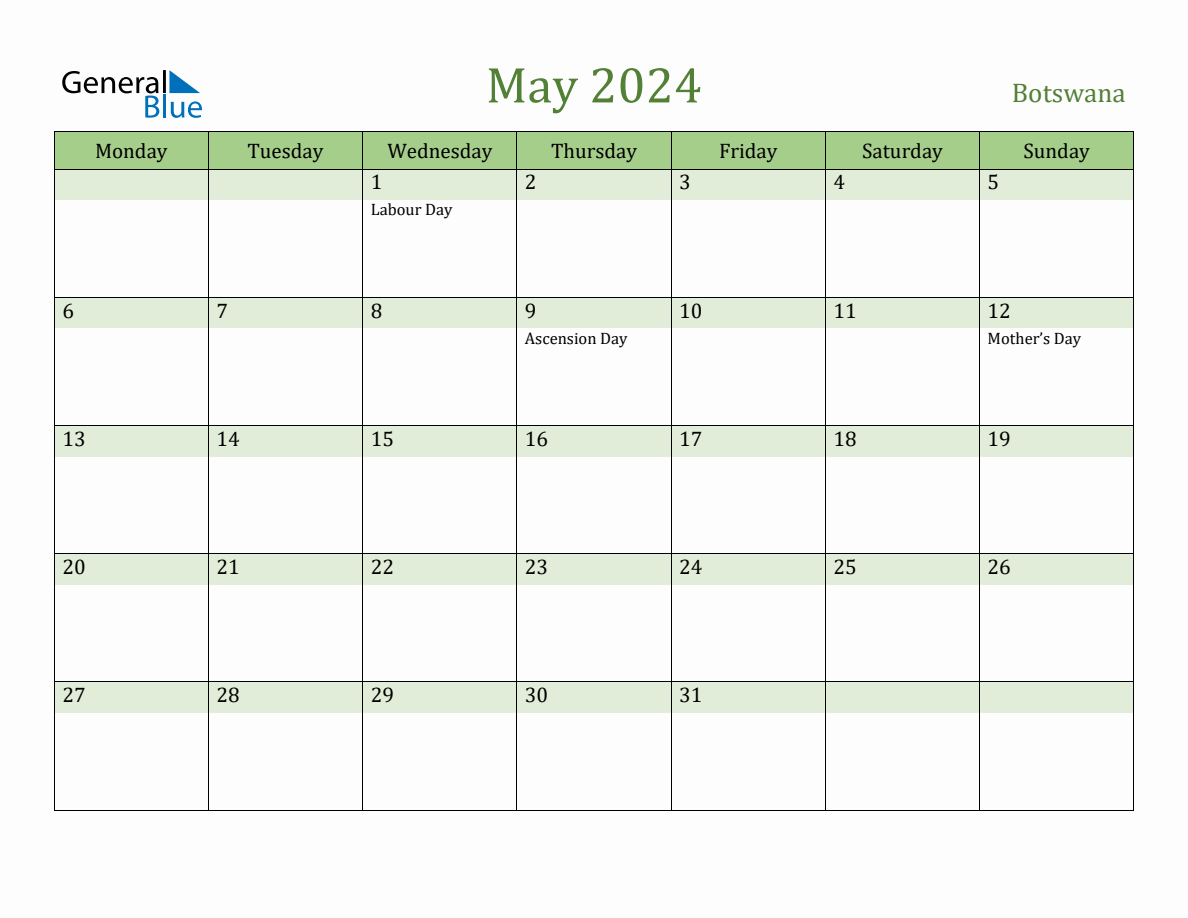 Fillable Holiday Calendar for Botswana May 2024