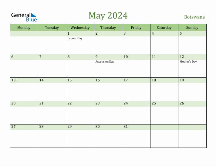 May 2024 Calendar with Botswana Holidays