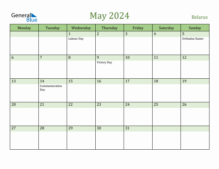 May 2024 Calendar with Belarus Holidays
