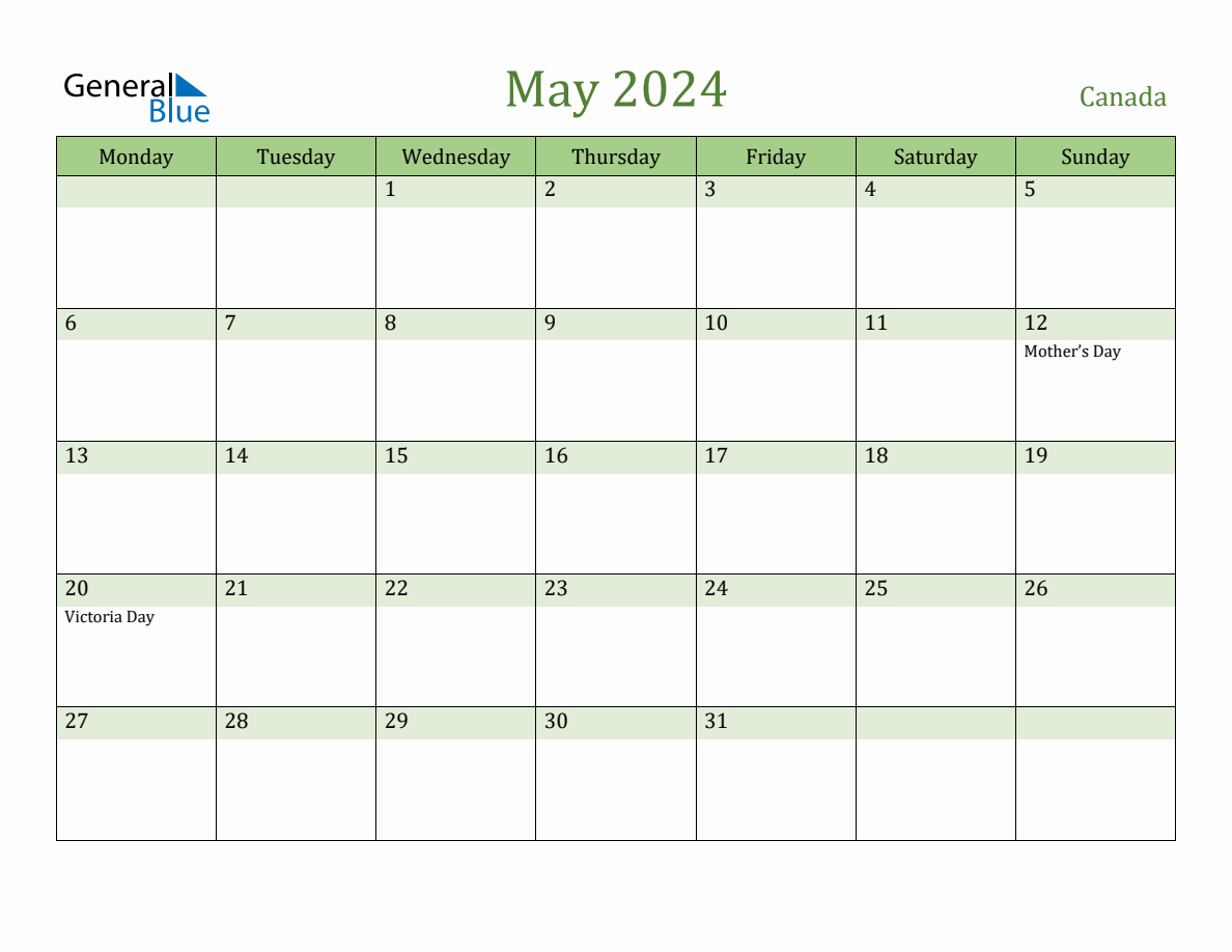 Fillable Holiday Calendar for Canada May 2024