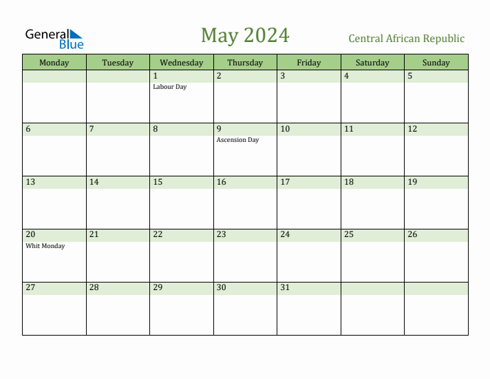 May 2024 Calendar with Central African Republic Holidays
