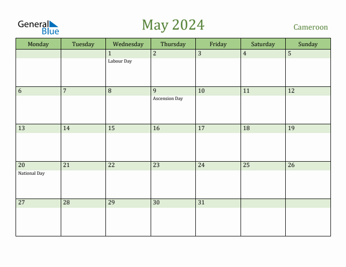 May 2024 Calendar with Cameroon Holidays