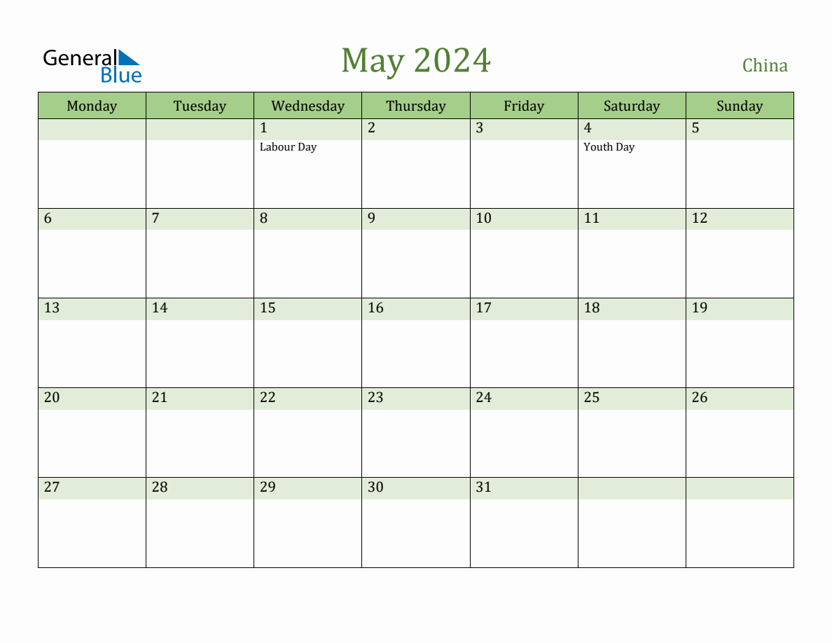 Fillable Holiday Calendar for China May 2024