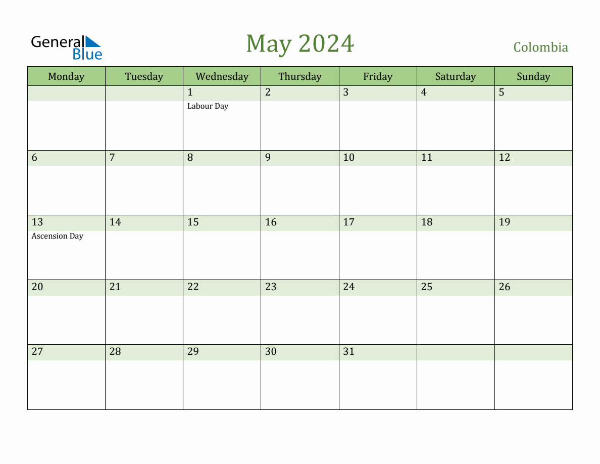 Fillable Holiday Calendar for Colombia May 2024