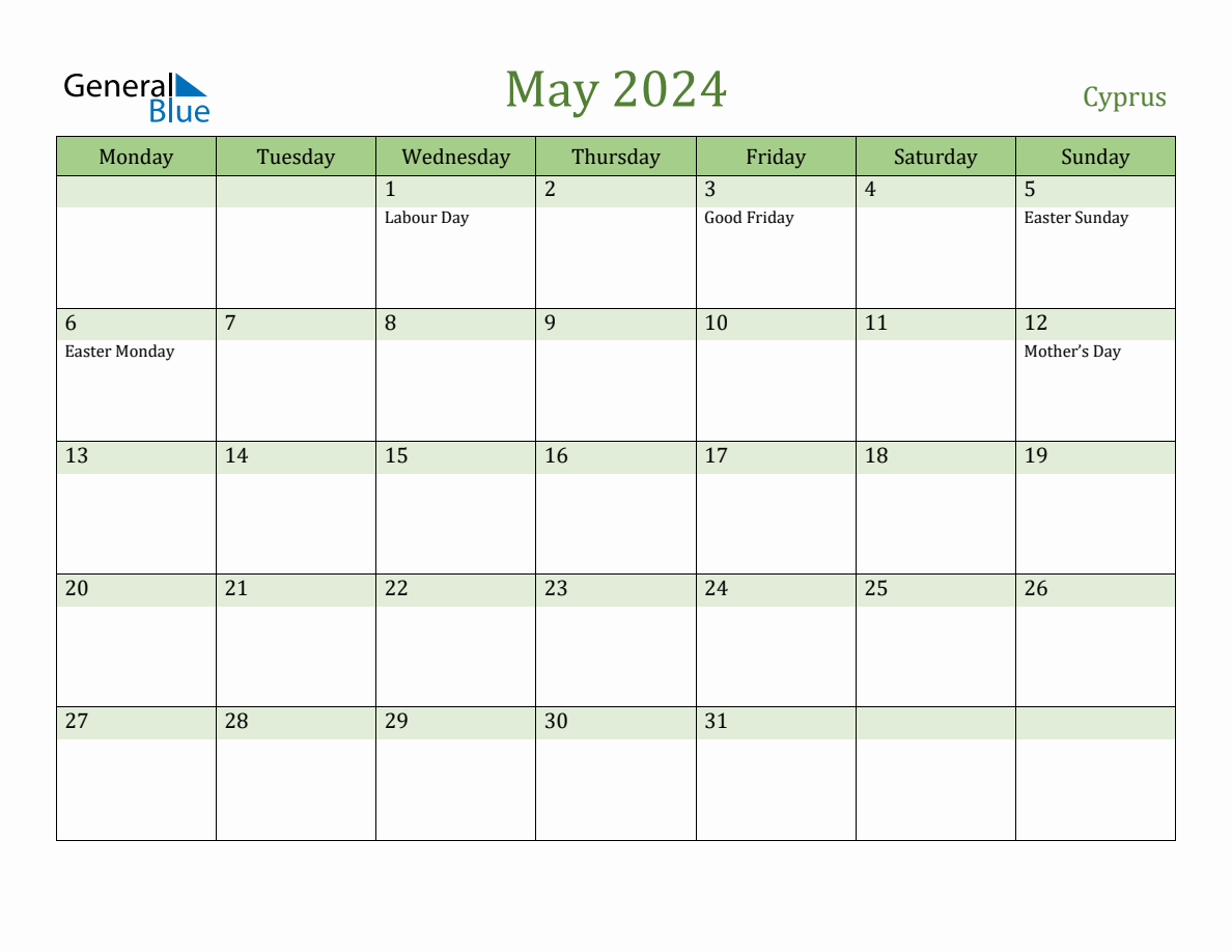 Fillable Holiday Calendar for Cyprus May 2024