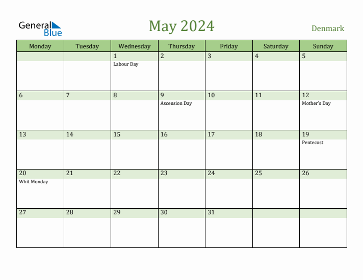May 2024 Calendar with Denmark Holidays