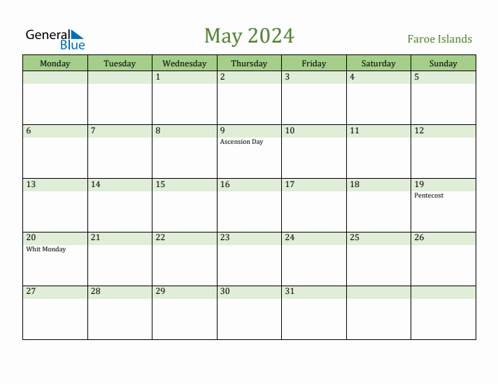 May 2024 Calendar with Faroe Islands Holidays