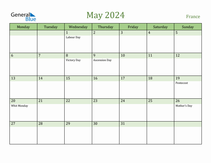 May 2024 Calendar with France Holidays
