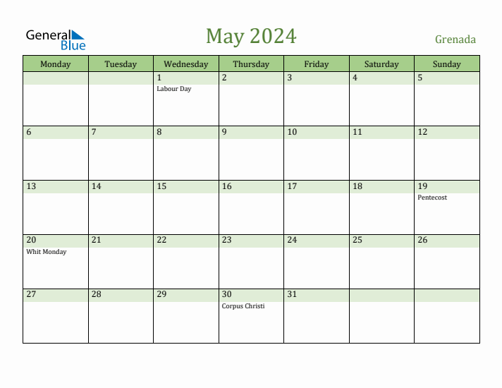 May 2024 Calendar with Grenada Holidays