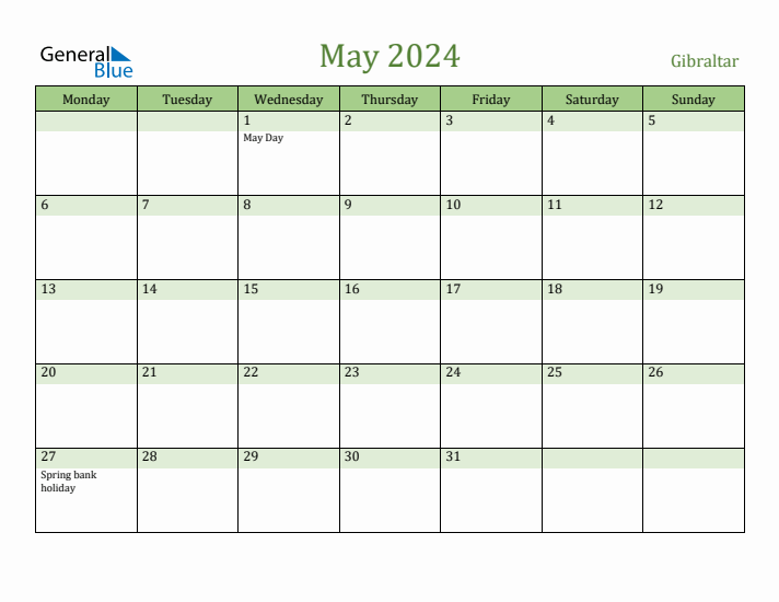 May 2024 Calendar with Gibraltar Holidays