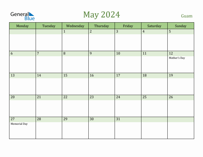 May 2024 Guam Monthly Calendar with Holidays