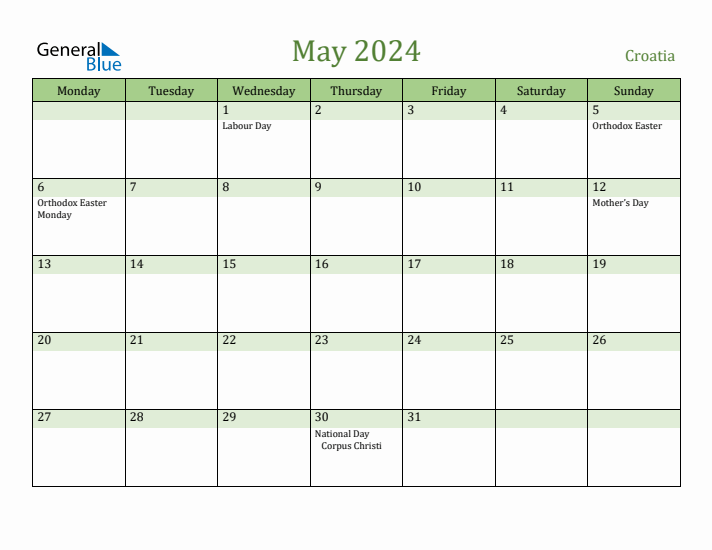 May 2024 Calendar with Croatia Holidays