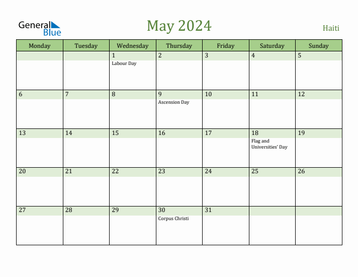 May 2024 Haiti Monthly Calendar with Holidays