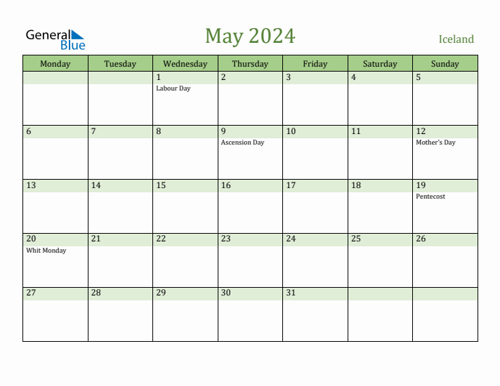May 2024 Calendar with Iceland Holidays