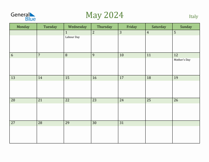 Fillable Holiday Calendar for Italy May 2024