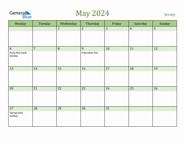 May 2024 Calendar with Jersey Holidays
