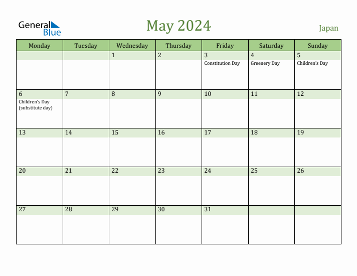 May 2024 Calendar with Japan Holidays