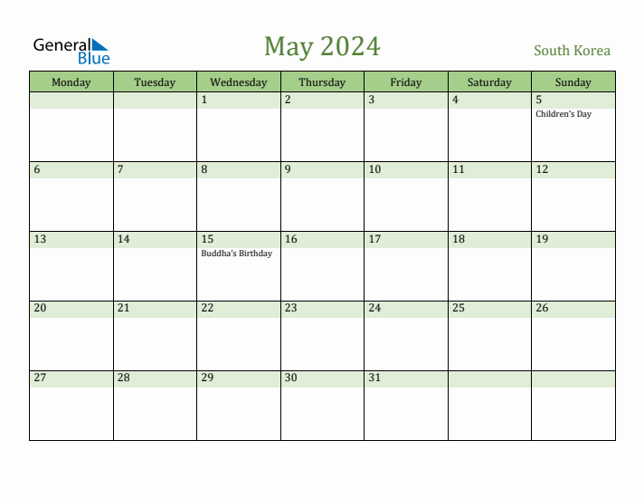 May 2024 Calendar with South Korea Holidays