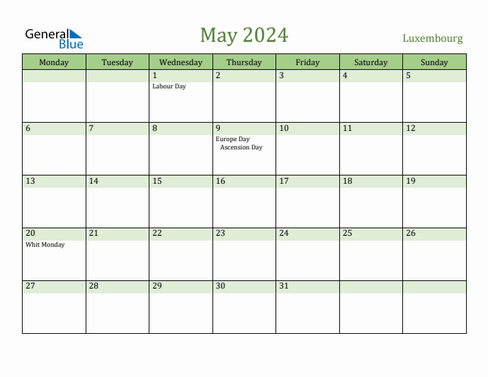 May 2024 Calendar with Luxembourg Holidays