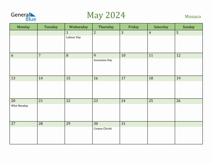 May 2024 Calendar with Monaco Holidays
