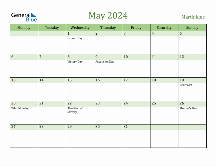 May 2024 Calendar with Martinique Holidays