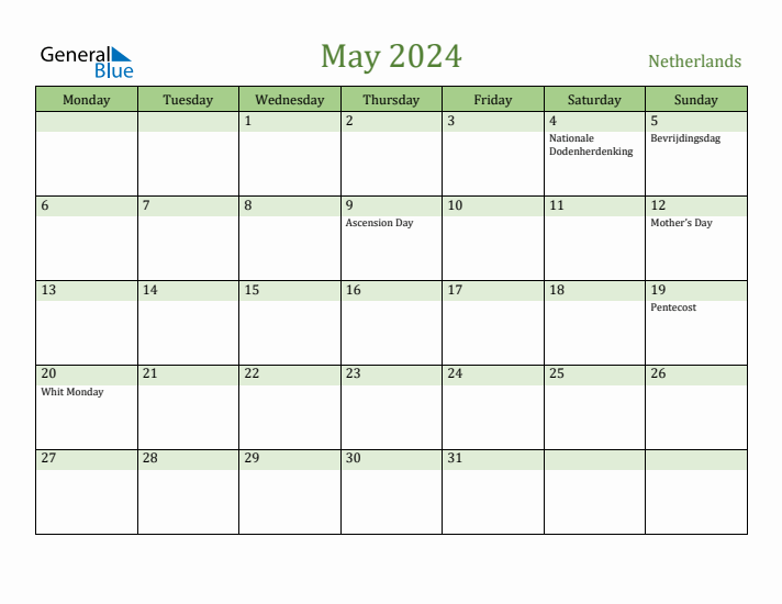 May 2024 Calendar with The Netherlands Holidays