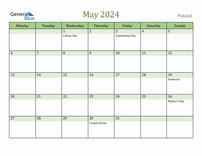 May 2024 Calendar with Poland Holidays
