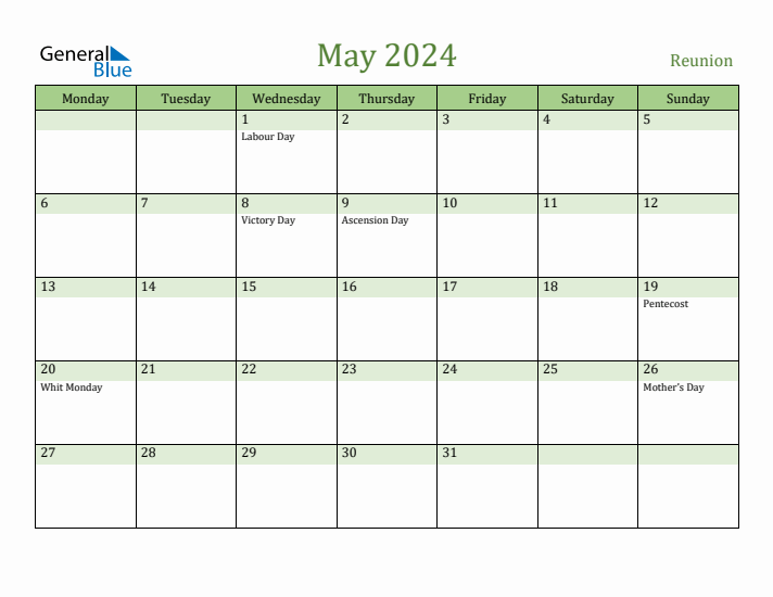 May 2024 Calendar with Reunion Holidays