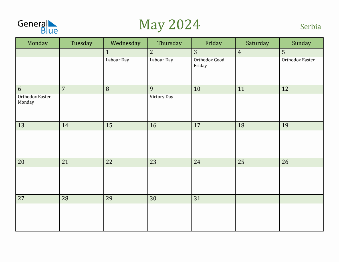 Fillable Holiday Calendar for Serbia May 2024