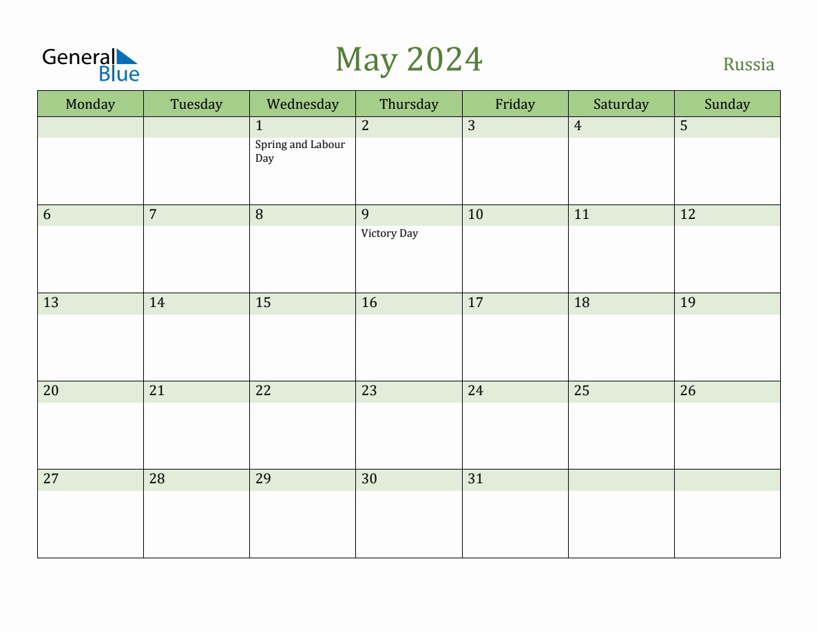 Fillable Holiday Calendar for Russia May 2024