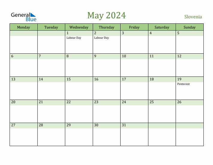 May 2024 Calendar with Slovenia Holidays