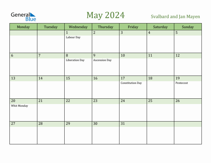 May 2024 Calendar with Svalbard and Jan Mayen Holidays