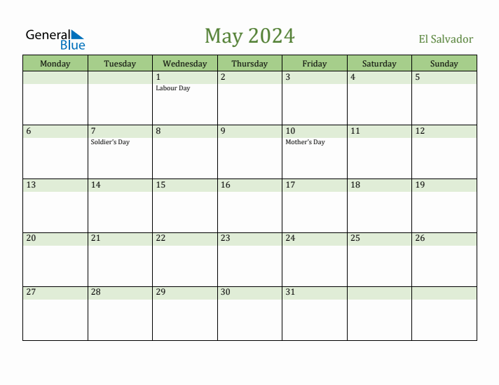 May 2024 Calendar with El Salvador Holidays