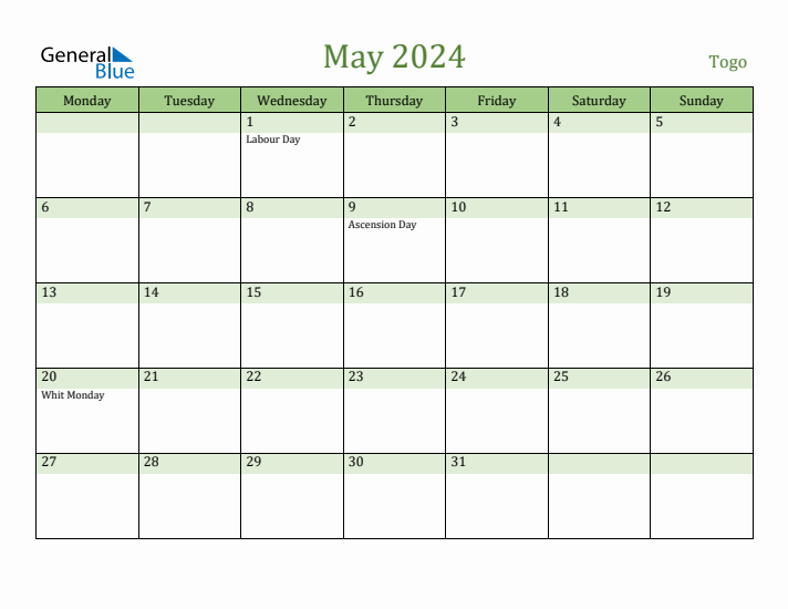 May 2024 Calendar with Togo Holidays