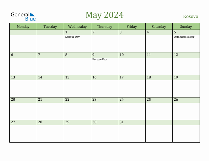 May 2024 Calendar with Kosovo Holidays