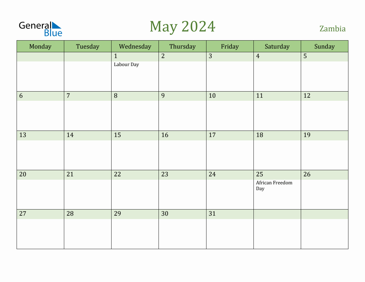Fillable Holiday Calendar for Zambia May 2024