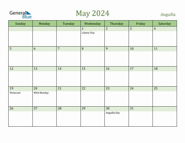 May 2024 Calendar with Anguilla Holidays