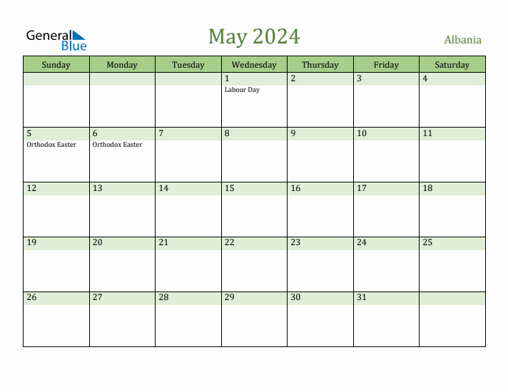 May 2024 Calendar with Albania Holidays