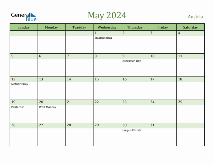 May 2024 Calendar with Austria Holidays