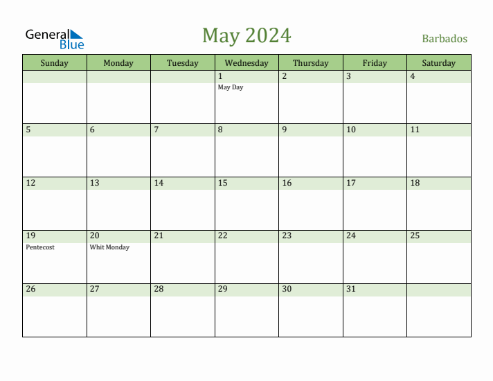 May 2024 Monthly Calendar with Barbados Holidays
