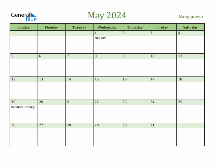 May 2024 Calendar with Bangladesh Holidays
