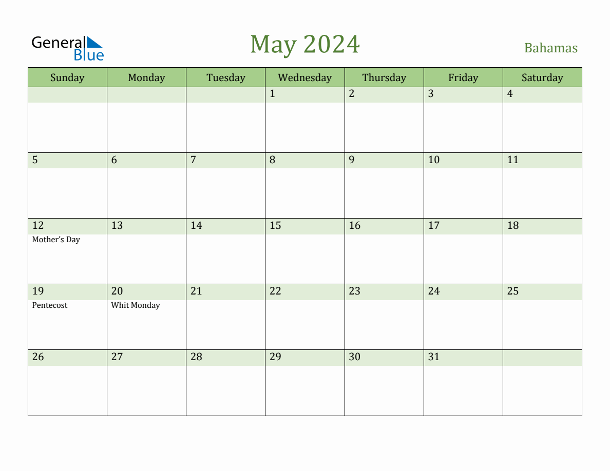 Fillable Holiday Calendar for Bahamas May 2024