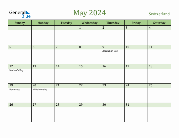 May 2024 Calendar with Switzerland Holidays