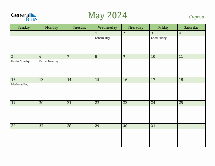 May 2024 Calendar with Cyprus Holidays