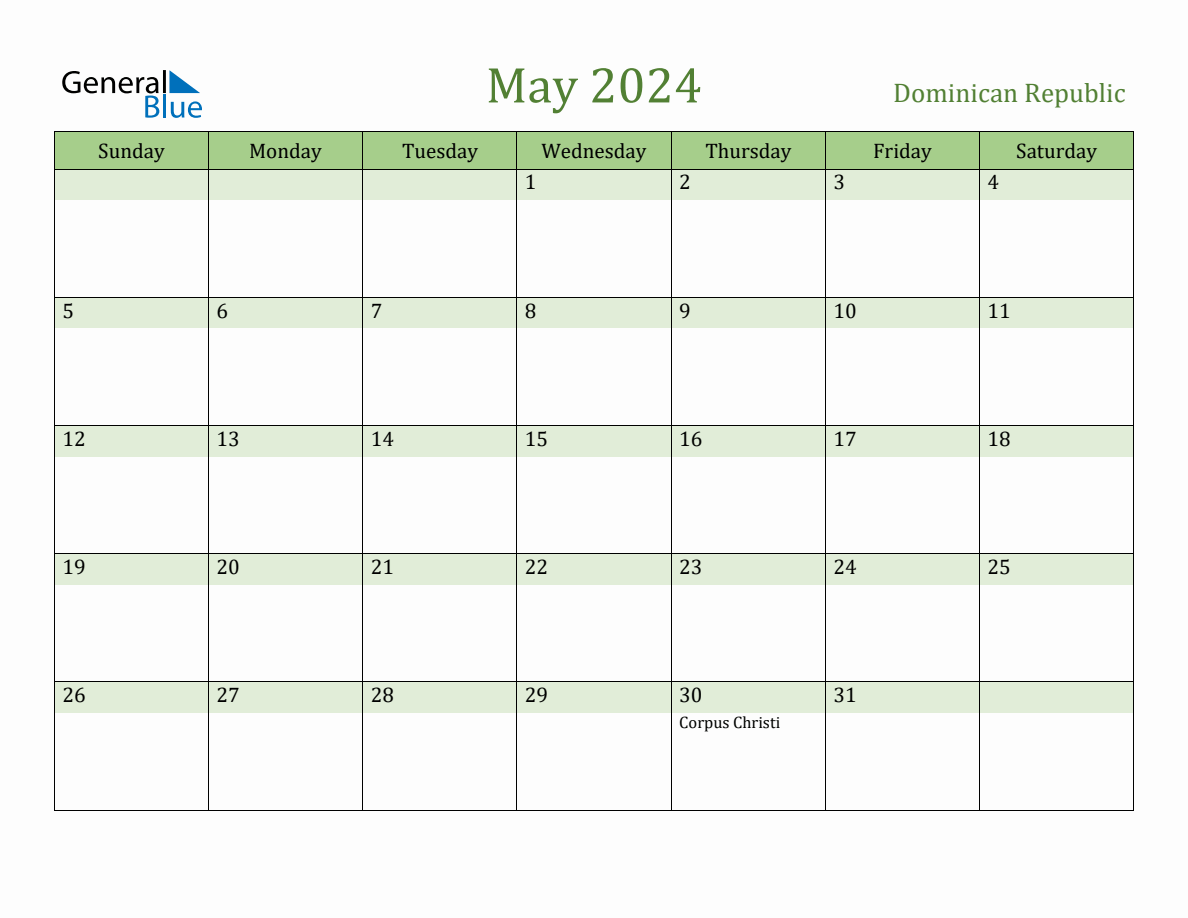 Fillable Holiday Calendar for Dominican Republic May 2025