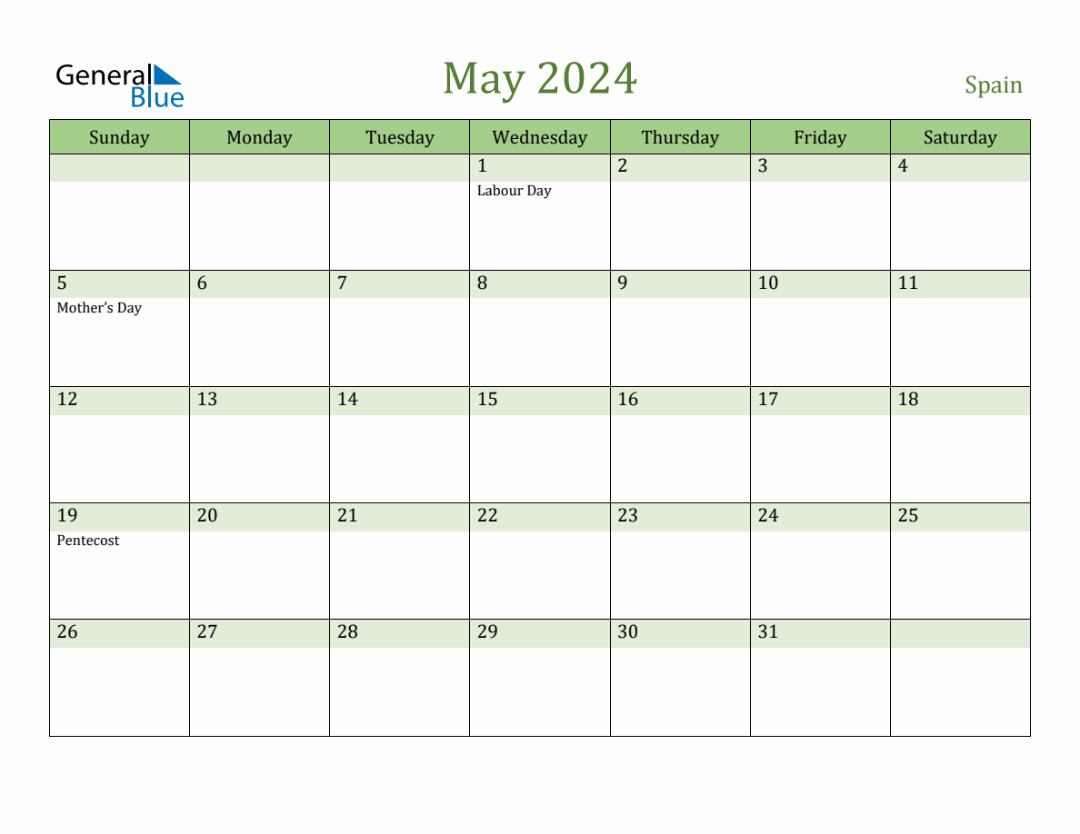 Fillable Holiday Calendar for Spain May 2024