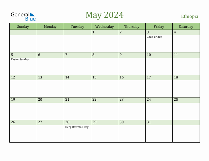 May 2024 Calendar with Ethiopia Holidays