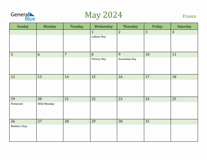May 2024 Monthly Calendar with France Holidays
